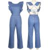 imageCHARTOU Womens Sexy Backless Ruffle Tie Back Denim Jean Jumpsuit Wide Leg RomperBlue