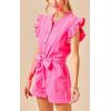 imageCHARTOU Womens Summer Overalls Flutter Sleeve Front Button Cuffed Denim Jumpsuits with BeltRose