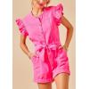 imageCHARTOU Womens Summer Overalls Flutter Sleeve Front Button Cuffed Denim Jumpsuits with BeltRose