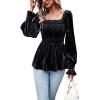 imageCHARTOU Womens Velvet Ruched Square Neck Long Sleeve Smocked Peplum Blouse Shirt TopsBlack