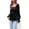 imageCHARTOU Womens Velvet Ruched Square Neck Long Sleeve Smocked Peplum Blouse Shirt TopsBlack