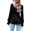 imageCHARTOU Womens Velvet Ruched Square Neck Long Sleeve Smocked Peplum Blouse Shirt TopsBlack