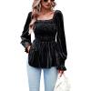 imageCHARTOU Womens Velvet Ruched Square Neck Long Sleeve Smocked Peplum Blouse Shirt TopsBlack