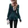 imageCHARTOU Womens Velvet Ruched Square Neck Long Sleeve Smocked Peplum Blouse Shirt TopsGreen