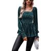 imageCHARTOU Womens Velvet Ruched Square Neck Long Sleeve Smocked Peplum Blouse Shirt TopsGreen