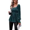 imageCHARTOU Womens Velvet Ruched Square Neck Long Sleeve Smocked Peplum Blouse Shirt TopsGreen