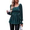 imageCHARTOU Womens Velvet Ruched Square Neck Long Sleeve Smocked Peplum Blouse Shirt TopsGreen