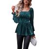 imageCHARTOU Womens Velvet Ruched Square Neck Long Sleeve Smocked Peplum Blouse Shirt TopsGreen