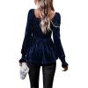 imageCHARTOU Womens Velvet Ruched Square Neck Long Sleeve Smocked Peplum Blouse Shirt TopsNavy