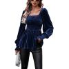 imageCHARTOU Womens Velvet Ruched Square Neck Long Sleeve Smocked Peplum Blouse Shirt TopsNavy