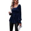 imageCHARTOU Womens Velvet Ruched Square Neck Long Sleeve Smocked Peplum Blouse Shirt TopsNavy