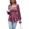imageCHARTOU Womens Velvet Ruched Square Neck Long Sleeve Smocked Peplum Blouse Shirt TopsPink