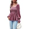 imageCHARTOU Womens Velvet Ruched Square Neck Long Sleeve Smocked Peplum Blouse Shirt TopsPink