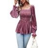 imageCHARTOU Womens Velvet Ruched Square Neck Long Sleeve Smocked Peplum Blouse Shirt TopsPink