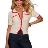 imageCHARTOU Summer Knit Tops for Women Contrast Color Short Sleeve Button Down Blouse Crop ShirtBeige