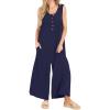 imageCHARTOU Summer Striped Jumpsuit for Women Wide Leg Jumpsuit Sleeveless Long Romper Button Down Baggy Overalls JumperNavy Blue