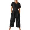 imageCHARTOU Women Casual Linen Short Sleeve Cropped Jumpsuit with Pockets Wide Leg Elastic Waist Summer RomperBlack