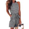 imageCHARTOU Women Casual Sleeveless Striped Jumpsuit Halter Neck Short Romper Pants Wide Leg Overalls Tie with PocketBlack