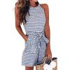 imageCHARTOU Women Casual Sleeveless Striped Jumpsuit Halter Neck Short Romper Pants Wide Leg Overalls Tie with PocketBlue