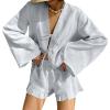imageCHARTOU Women Cotton Linen Two Piece Outfits Tie Front Shirt and Ruffle Shorts Matching Lounge SetsGrey
