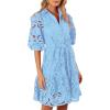 imageCHARTOU Women Elegant Lace Lined Short Shirt Dress Puff Sleeve Cut Out Button Down Mini DressBlue