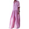 imageCHARTOU Women Long Sleeve Plaid Jumpsuit Casual Button Up Shirt Pleated Wide Leg Long Pants Overalls RomperPink