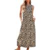 imageCHARTOU Women Long Tee Shirt Leopard Dress Striped O Neck Sleeveless Tank Dress with PocketsLeopard
