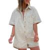 imageCHARTOU Women Oversized Button Front Denim Romper Short Sleeve Utility Jean Overall Shorts with PocketsApricot