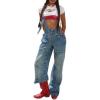 imageCHARTOU Women Patchwork Denim Overalls Adjustable Straps Sleeveless Wide Leg Pants Jean Jumpsuit Romper with PocketsBlue