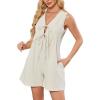 imageCHARTOU Women Sleeveless Tie Front Rompers Pleated Ruffle Wide Leg Shorts Overalls Jumpsuit with PocketsBeige