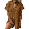 imageCHARTOU Women Summer Shorts Romper Button Down Wide Leg Cotton Linen Shortalls JumpsuitBrown