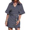 imageCHARTOU Women Summer Stripes Romper Jumpsuit Short Sleeve Button Up Shirt Elastic Waist Overall with PocketsBlue