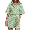 imageCHARTOU Women Summer Stripes Romper Jumpsuit Short Sleeve Button Up Shirt Elastic Waist Overall with PocketsGreen
