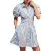 imageCHARTOU Women Summer Stripes Shirt Mini Dress Puff Sleeve Button Down Cinched High Waist A Line Short DressBlue