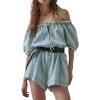 imageCHARTOU Womens Babydoll Denim Romper Jumpsuits Short Puff Sleeve Drawstring Jean Overalls ShortsBlue