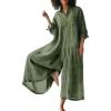 imageCHARTOU Womens Baggy Jumpsuit Half Button Coverall Long Sleeve WideLeg Crop Pants OverallGreen