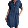 imageCHARTOU Womens Loose Distressed Button Down Roll Up Short Sleeve Denim Blouse Shirt DressDark Blue