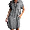 imageCHARTOU Womens Loose Distressed Button Down Roll Up Short Sleeve Denim Blouse Shirt DressGrey