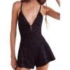 imageCHARTOU Womens Open Back Lace Up Flare Leg Denim Romper Jean Shorts Overalls with PocketsBlack