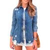 imageCHARTOU Womens Stylish Spread Collar Distressed Frayed Denim Shirt TopsDark Blue