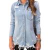 imageCHARTOU Womens Stylish Spread Collar Distressed Frayed Denim Shirt TopsLight Blue