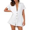 imageCHARTOU Womens Summer Cotton linen Deep V Neck Short Romper 3 Button Beach Jumpsuit Overalls