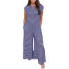 imageCHARTOU Womens Summer Loose Stripes Overalls Cap Sleeve One Piece Jumpsuit Buttons Wide Leg Pants RomperPurple