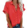 imageCHARTOU Womens Summer Spread Collar Short Sleeve Button Down Loose Fit Solid Blouse ShirtRed