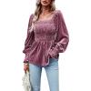 imageCHARTOU Womens Velvet Ruched Square Neck Long Sleeve Smocked Peplum Blouse Shirt TopsPink
