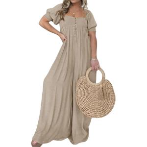 imageCHARTOU Casual Smocked Jumpsuit Women Short Sleeve Wide Leg Jumpsuit Square Neck Loose Overalls Flowy Long RomperApricot