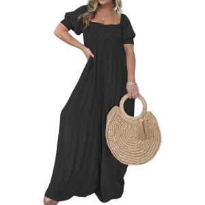 imageCHARTOU Casual Smocked Jumpsuit Women Short Sleeve Wide Leg Jumpsuit Square Neck Loose Overalls Flowy Long RomperBlack