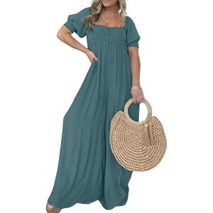 imageCHARTOU Casual Smocked Jumpsuit Women Short Sleeve Wide Leg Jumpsuit Square Neck Loose Overalls Flowy Long RomperBlue