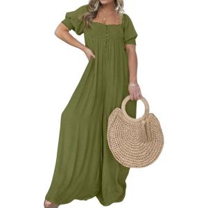 imageCHARTOU Casual Smocked Jumpsuit Women Short Sleeve Wide Leg Jumpsuit Square Neck Loose Overalls Flowy Long RomperGreen