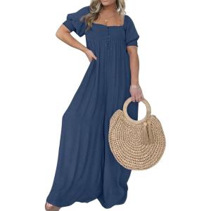 imageCHARTOU Casual Smocked Jumpsuit Women Short Sleeve Wide Leg Jumpsuit Square Neck Loose Overalls Flowy Long RomperNavy Blue